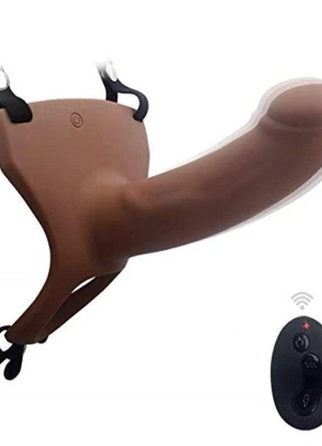 Aphrodisia Hollow Strap-On 17 cm İçi Boş Titreşimli Uzaktan Kumandalı Belden Bağlamalı Strap-on-Brown