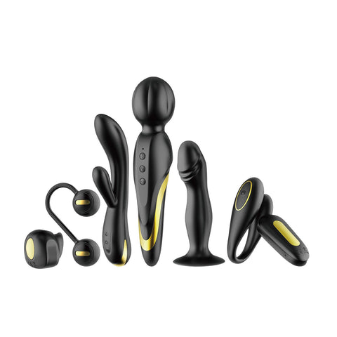 7 Parçalı Siyah–Altın Silikon Çift Seti: Vibratör, Wand, Plug ve Kegel