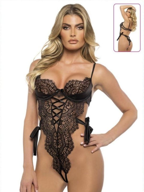 Bağcık Önlü Saten Kaplı Dantel Body – Siyah