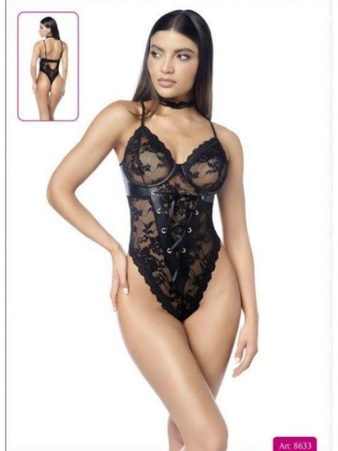 Bağcıklı Deri Bant Detaylı Dantel Body – Siyah