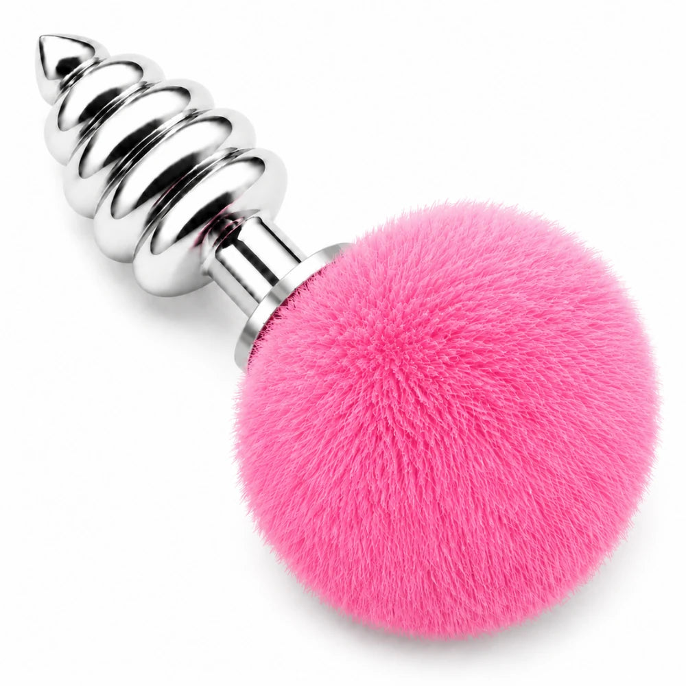 Boğumlu Çelik Anal Plug – Taşlı Taban ve Peluş Detay, Pembe