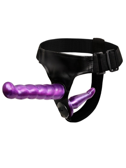 Çift Taraflı Mor Silikon Belden Bağlamalı Dildo