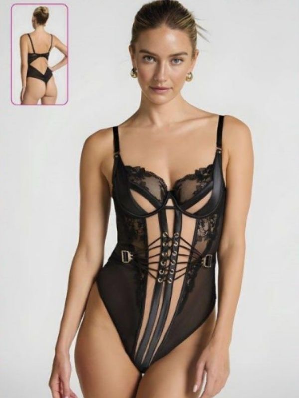 Deri Şeritli Metal Halkalı Bağcıklı Body – Siyah
