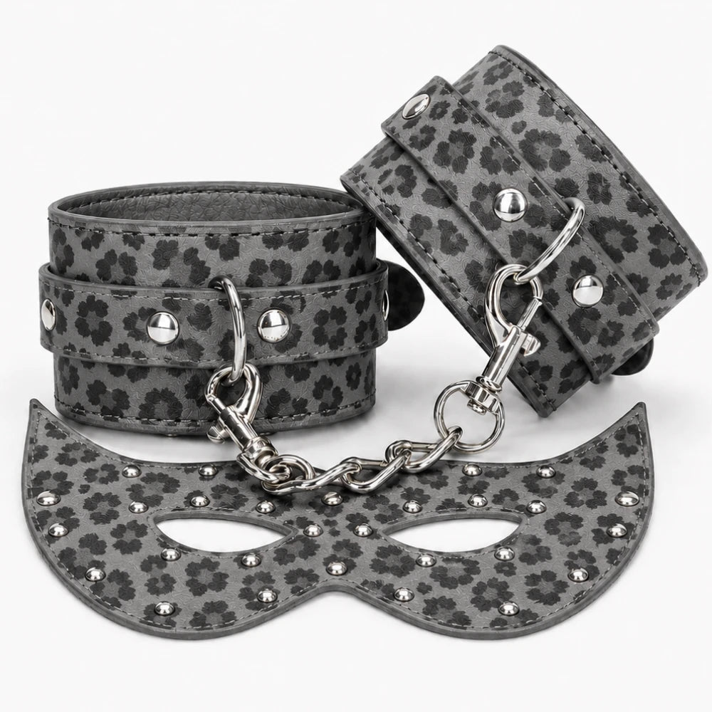 Fantezi Maske ve Zincirli Bilek Kelepçesi Seti – Gri Leopar