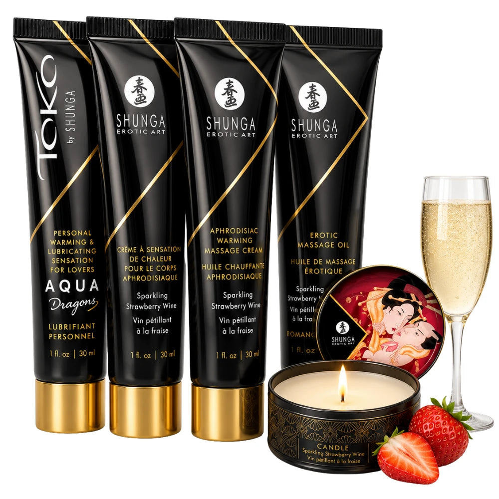 Geisha's Secrets Çilek Aromalı Masaj Yağı, Mum ve Kayganlaştırıcı Seti