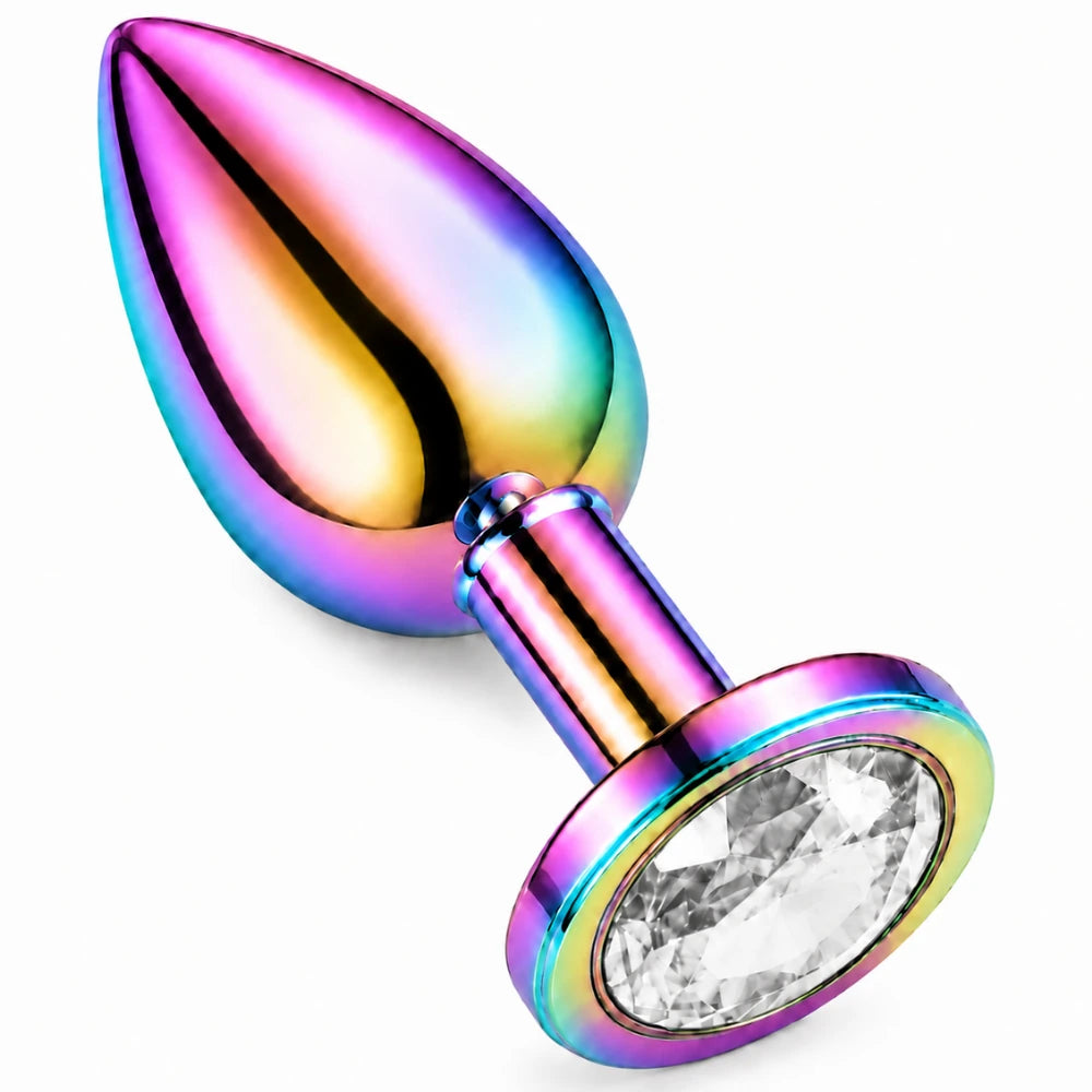 Gökkuşağı Renkli Metal Anal Plug, Beyaz Taşlı – Medium