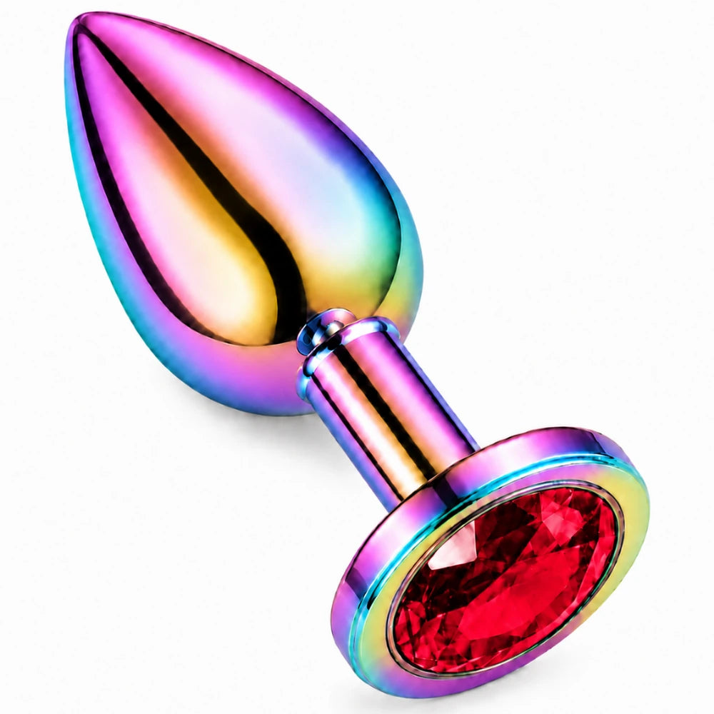 Gökkuşağı Renkli Metal Anal Plug, Kırmızı Taşlı – Large