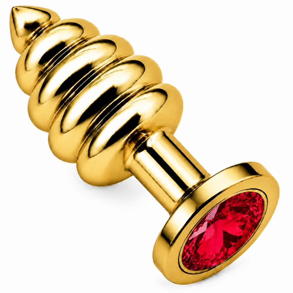 Gold Boğumlu Metal Anal Plug, Kırmızı Taşlı – Small