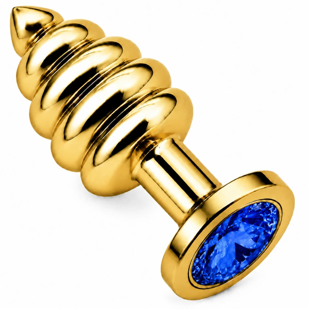Gold Boğumlu Metal Anal Plug, Mavi Taşlı – Small