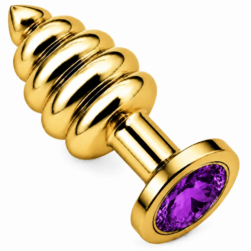 Gold Boğumlu Metal Anal Plug, Mor Taşlı – Small
