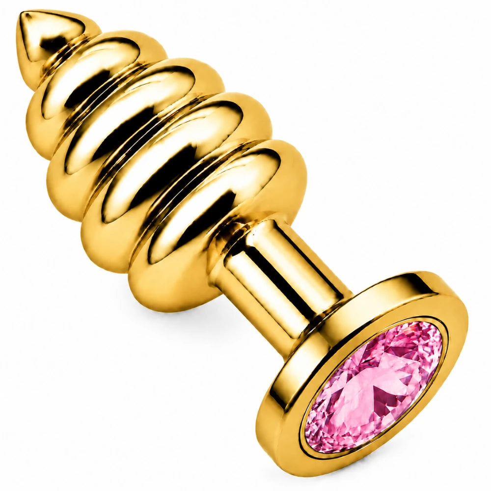 Gold Boğumlu Metal Anal Plug, Pembe Taşlı – Small