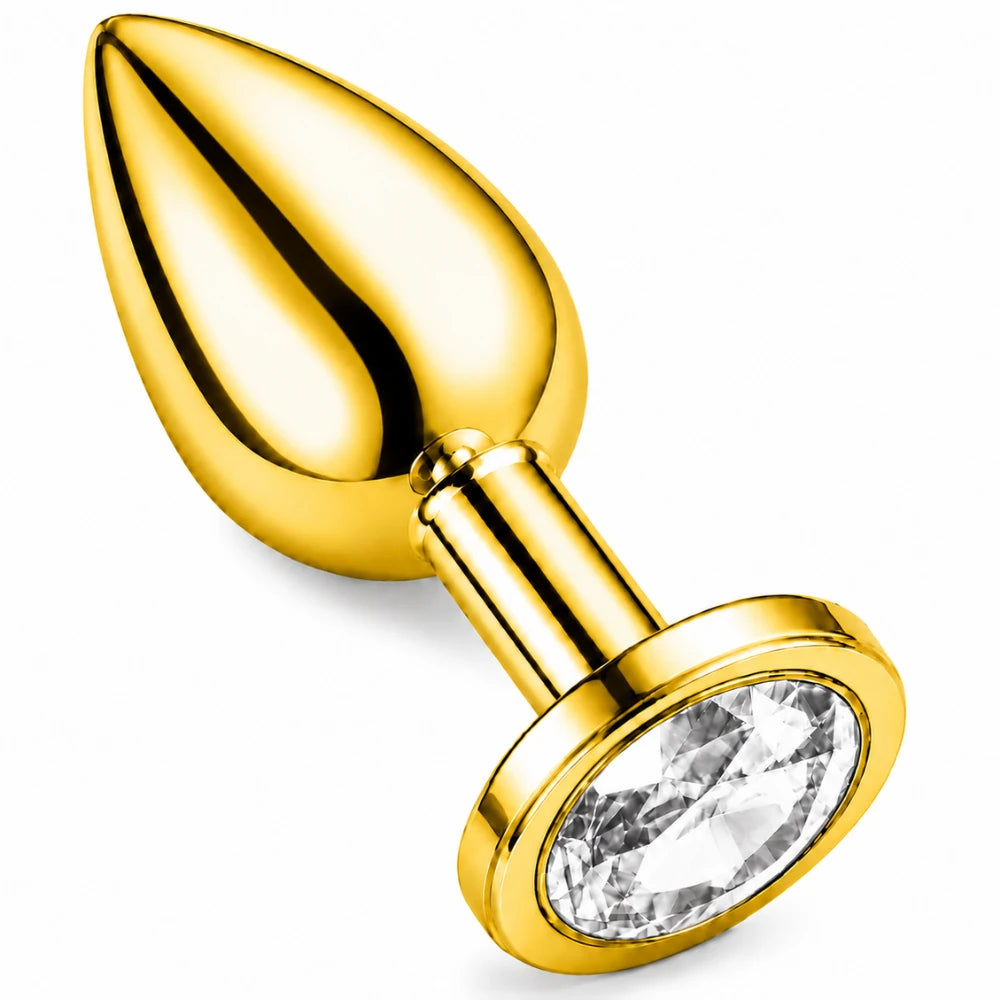Gold Kaplamalı Çelik Anal Plug, Beyaz Taşlı – Large