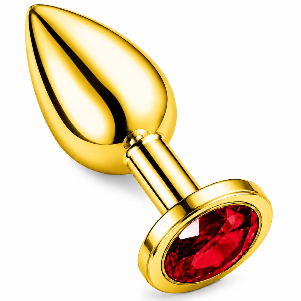 Gold Kaplamalı Çelik Anal Plug, Kırmızı Taşlı – Medium