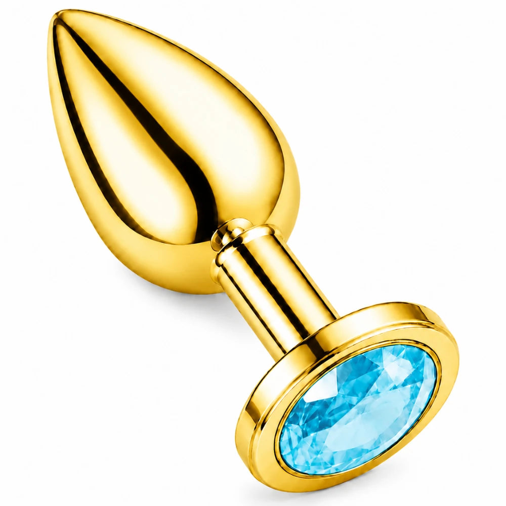 Gold Kaplamalı Çelik Anal Plug, Mavi Taşlı – Small