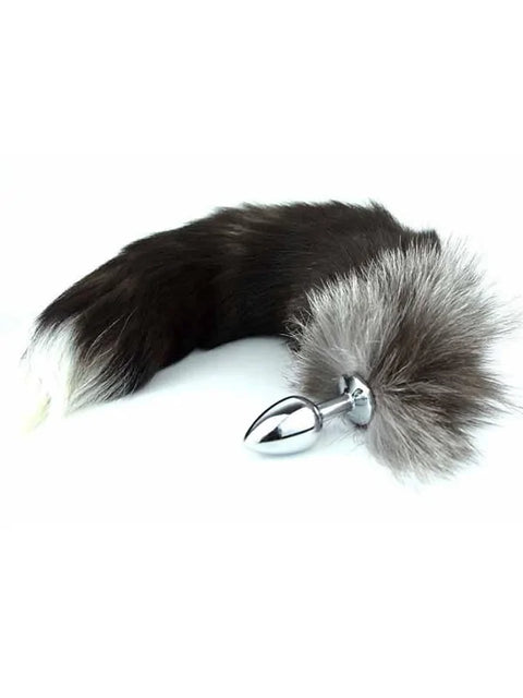 Gri Siyah Tüylü Kuyruk Aksesuarı, Çelik Plug, 42 cm