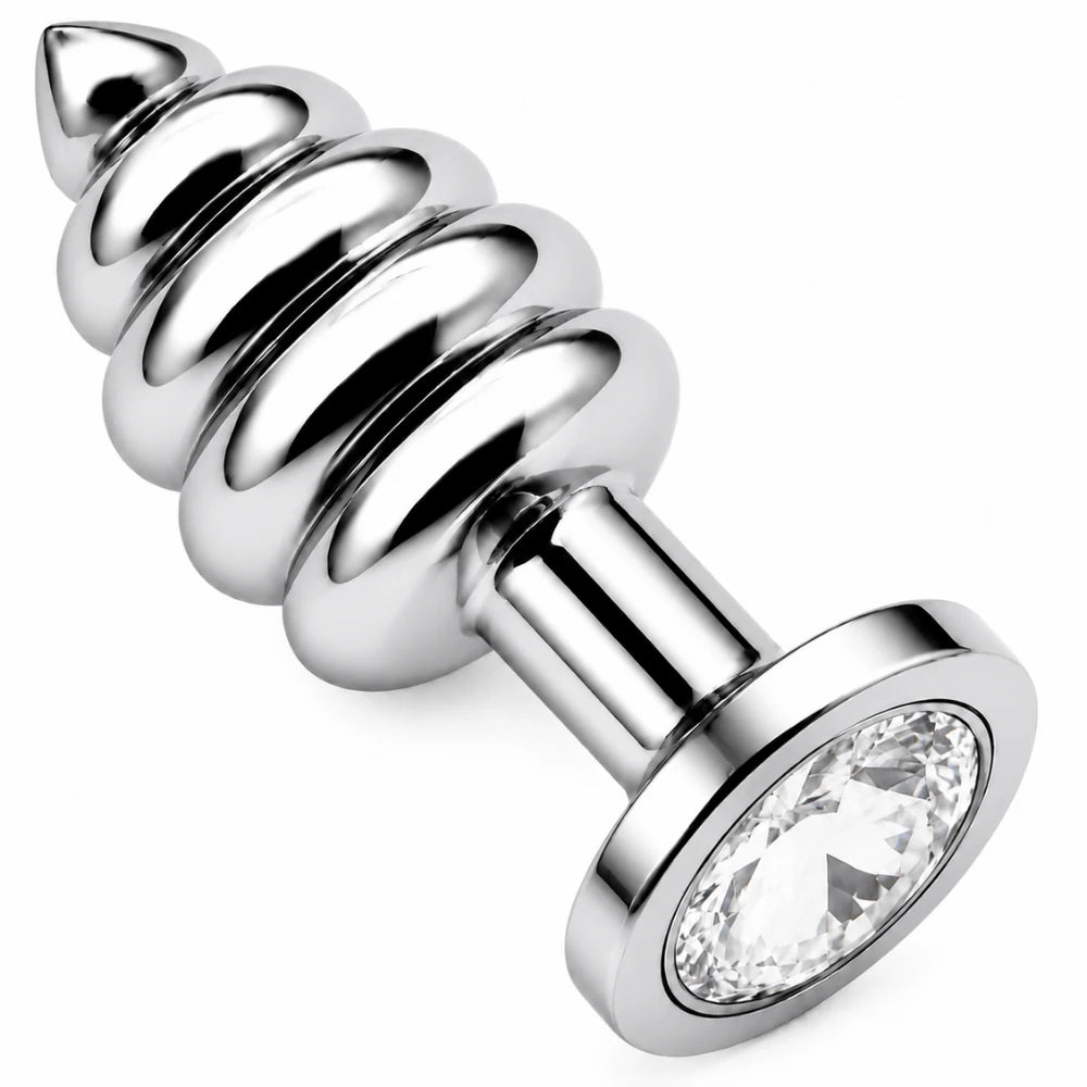 Gümüş Boğumlu Metal Anal Plug, Beyaz Taşlı – Medium
