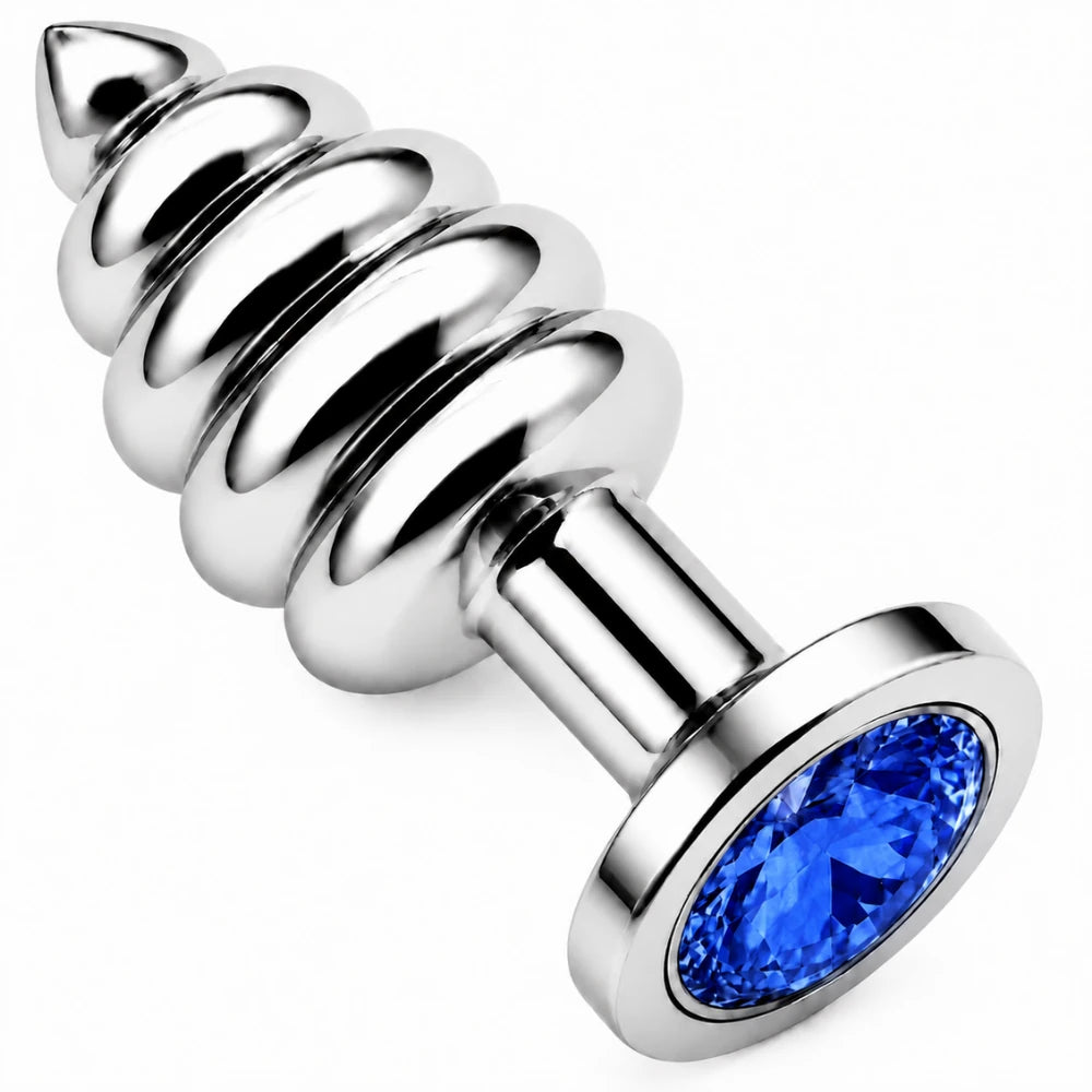 Gümüş Boğumlu Metal Anal Plug, Mavi Taşlı – Large