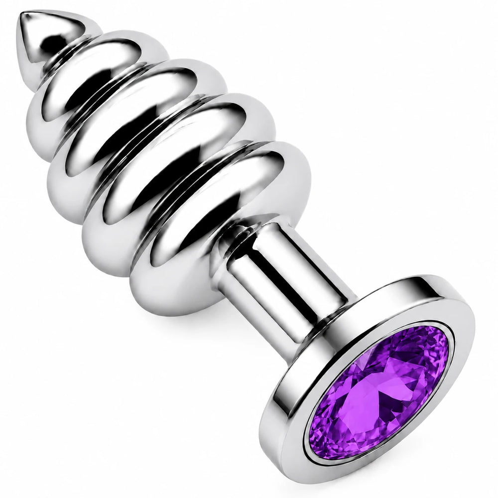 Gümüş Boğumlu Metal Anal Plug, Mor Taşlı – Large