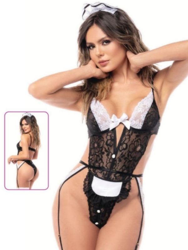 Hizmetçi Temalı Önlüklü Dantel Body – Siyah Beyaz