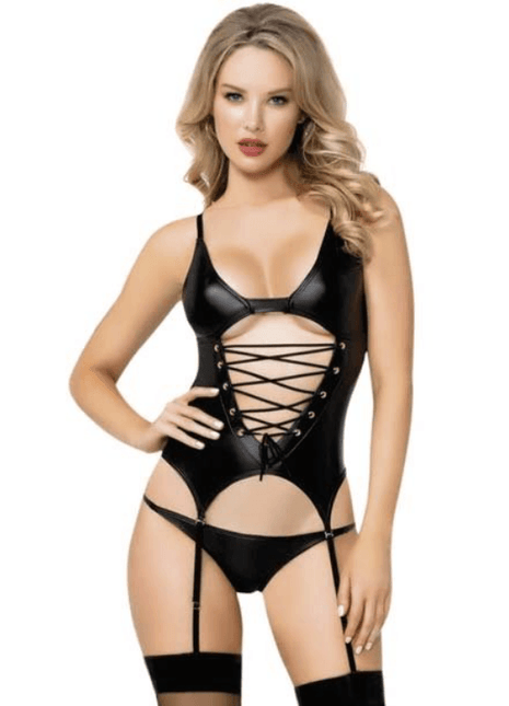 Erox Fantasy Wear Lamine Deri Seksi Jartiyerli Gecelik