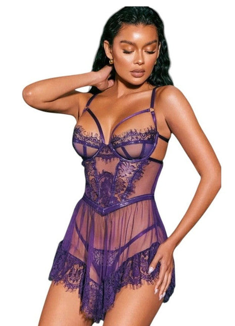 Erox Fantasy Wear Britli Mor Takım Dantel Transparan Gecelik