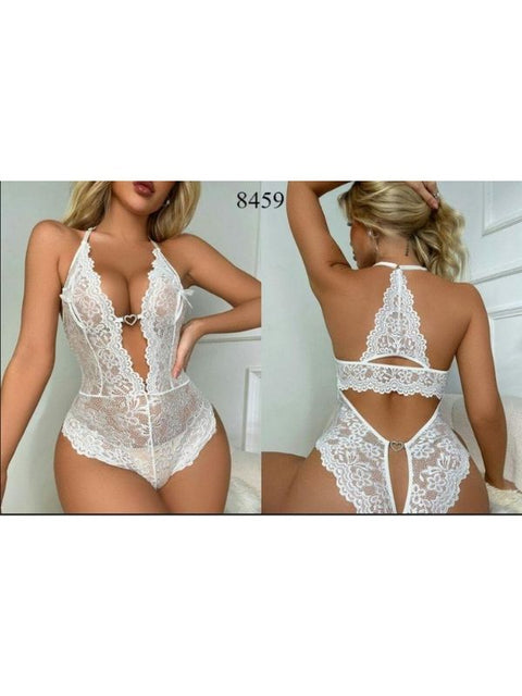 Kalp Tokalı Derin Yaka Dantel Body – Beyaz