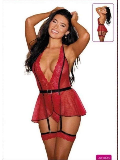 Kemerli Puantiyeli Tül Babydoll ve Jartiyer – Kırmızı
