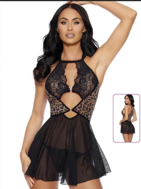 leopar desenli tül babydoll – görsel 1