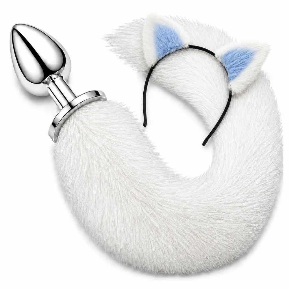 Mavi Taşlı Peluş Kuyruklu Metal Anal Plug – Büyük Boy