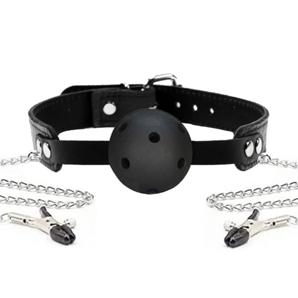 Nefes Delikli Ball Gag ve Zincirli Göğüs Ucu Kelepçesi Seti