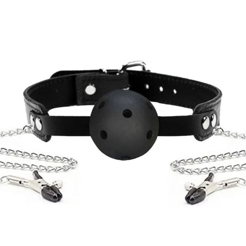 Nefes Delikli Ball Gag ve Zincirli Göğüs Ucu Kelepçesi Seti