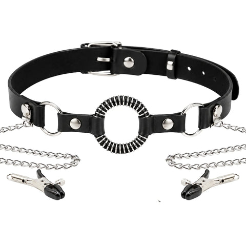 O-Ring Gag ve Göğüs Ucu Kelepçeli Boyun Kayışı