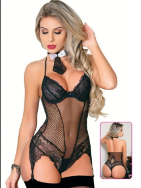 Papyon Yakalı File ve Dantel Jartiyerli Body – Siyah