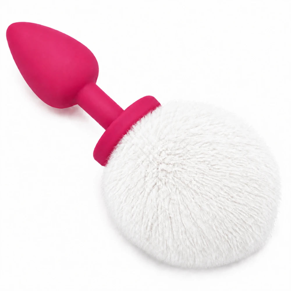 Peluş Tavşan Kuyruklu Silikon Anal Plug – Pembe / Beyaz Ponpon