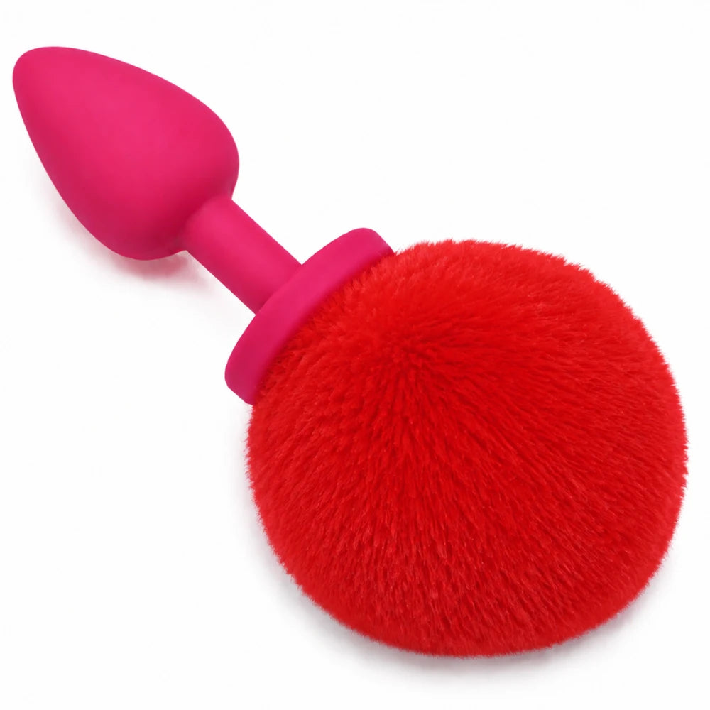 Peluş Tavşan Kuyruklu Silikon Anal Plug – Pembe / Kırmızı Ponpon