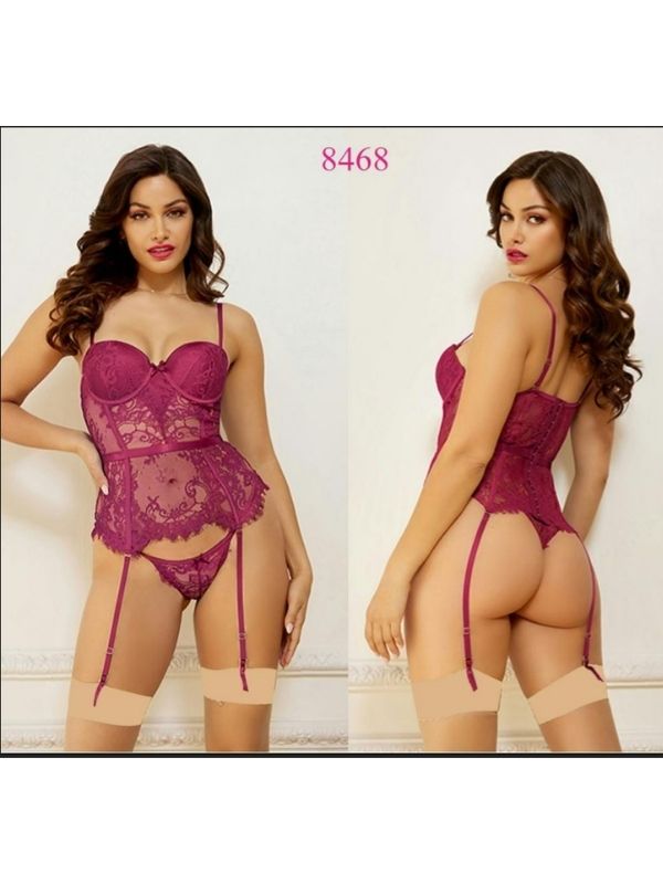 Peplum Kesim Dantel Korse Jartiyer Takımı – Mürdüm