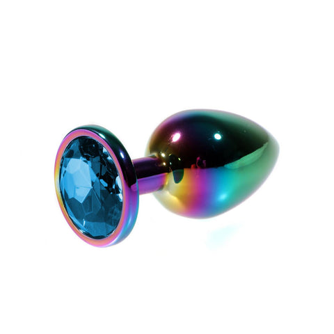 Rainbow Gövdeli Metal Anal Plug – Mavi Taşlı, Orta Boy