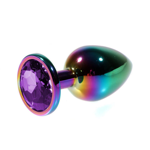 Rainbow Gövdeli Metal Anal Plug – Mor Taşlı, Orta Boy