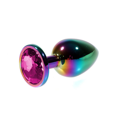 Rainbow Gövdeli Metal Anal Plug – Pembe Taşlı, Küçük Boy