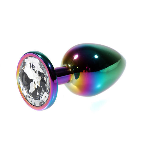 Rainbow Gövdeli Metal Anal Plug – Şeffaf Taşlı, Küçük Boy