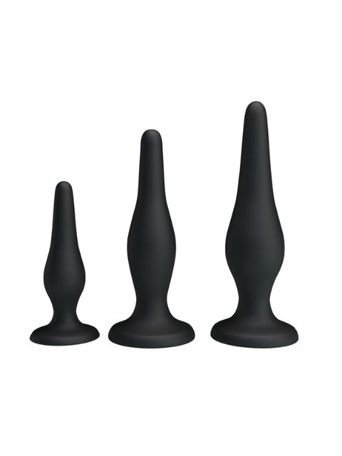 Siyah Silikon Anal Plug Seti – 3 Boy (85, 115, 130 mm)
