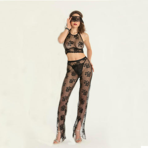 Siyah Transparan Bralet ve Pantolon Takımı – Göz Bandı Hediyeli