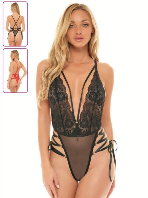 yan bağcıklı dantel tül body – görsel 1